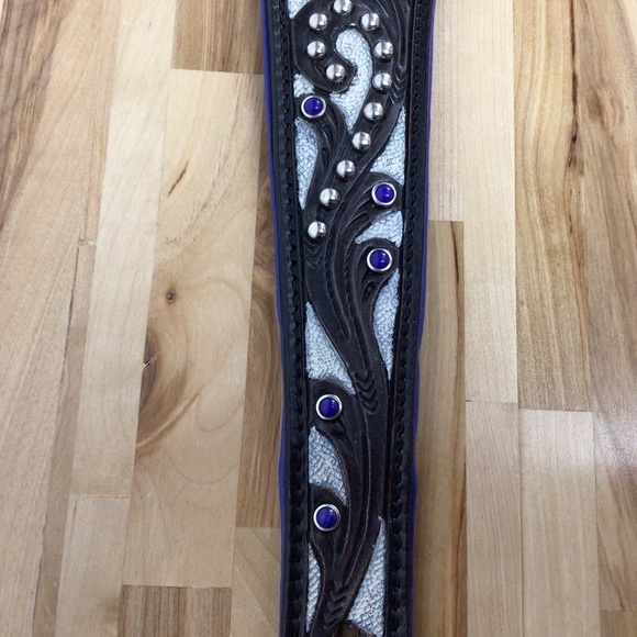 Madcow genuine leather contemporary dog collar handcraf black cerule blue silver - Picture 11 of 16